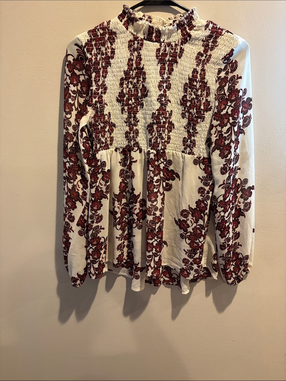 Smocked Neck Floral Peasant Top - White with Red Floral